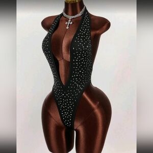 Elegant Black Rhinestone Bodysuit